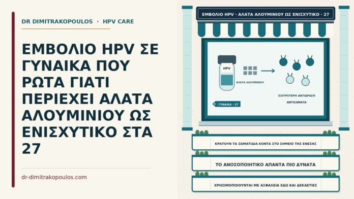 ΕΜΒΟΛΙΟ HPV ΣΕ ΓΥΝΑΙΚΑ ΠΟΥ ΡΩΤΑ ΓΙΑΤΙ ΠΕΡΙΕΧΕΙ ΑΛΑΤΑ ΑΛΟΥΜΙΝΙΟΥ ΩΣ ΕΝΙΣΧΥΤΙΚΟ ΣΤΑ 27 άλατα αλουμινίου ως ενισχυτικό του εμβολίου HPV