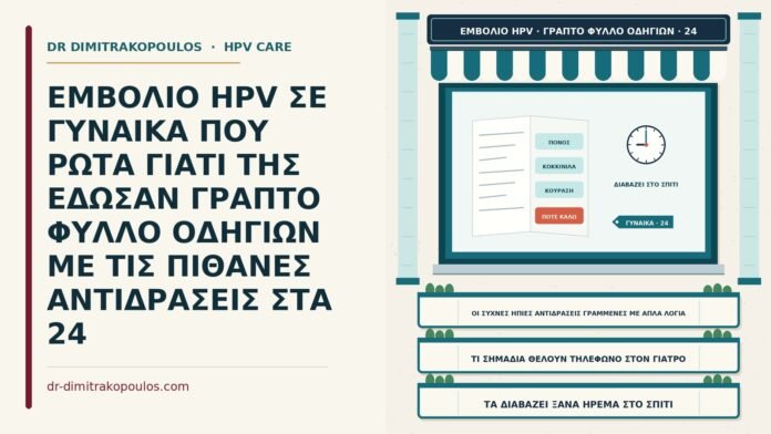 ΕΜΒΟΛΙΟ HPV ΣΕ ΓΥΝΑΙΚΑ ΠΟΥ ΡΩΤΑ ΓΙΑΤΙ ΤΗΣ ΕΔΩΣΑΝ ΓΡΑΠΤΟ ΦΥΛΛΟ ΟΔΗΓΙΩΝ ΜΕ ΤΙΣ ΠΙΘΑΝΕΣ ΑΝΤΙΔΡΑΣΕΙΣ ΣΤΑ 24 φύλλο οδηγιών του εμβολίου HPV