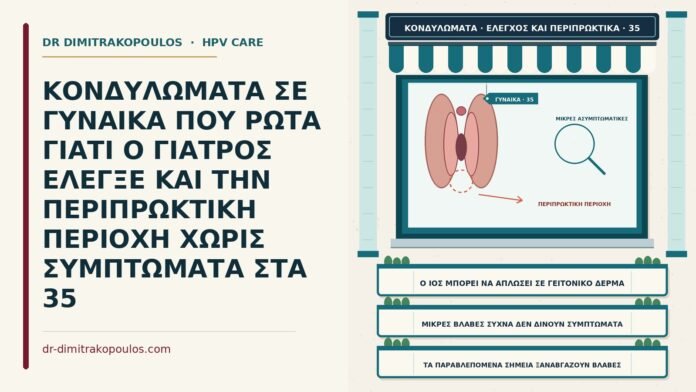 ΚΟΝΔΥΛΩΜΑΤΑ ΣΕ ΓΥΝΑΙΚΑ ΠΟΥ ΡΩΤΑ ΓΙΑΤΙ Ο ΓΙΑΤΡΟΣ ΕΛΕΓΞΕ ΚΑΙ ΤΗΝ ΠΕΡΙΠΡΩΚΤΙΚΗ ΠΕΡΙΟΧΗ ΧΩΡΙΣ ΣΥΜΠΤΩΜΑΤΑ ΣΤΑ 35 έλεγχος περιπρωκτικής περιοχής για κονδυλώματα