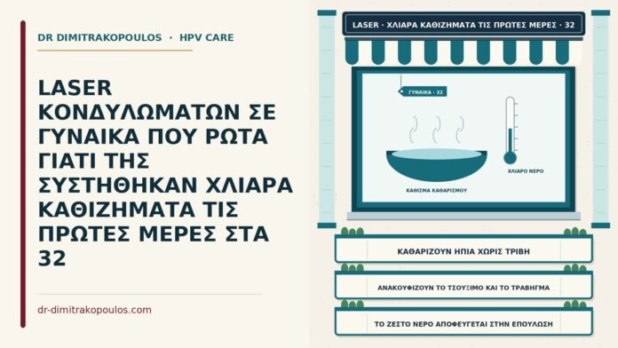 LASER ΚΟΝΔΥΛΩΜΑΤΩΝ ΣΕ ΓΥΝΑΙΚΑ ΠΟΥ ΡΩΤΑ ΓΙΑΤΙ ΤΗΣ ΣΥΣΤΗΘΗΚΑΝ ΧΛΙΑΡΑ ΚΑΘΙΖΗΜΑΤΑ ΤΙΣ ΠΡΩΤΕΣ ΜΕΡΕΣ ΣΤΑ 32 χλιαρά καθίσματα μετά το laser