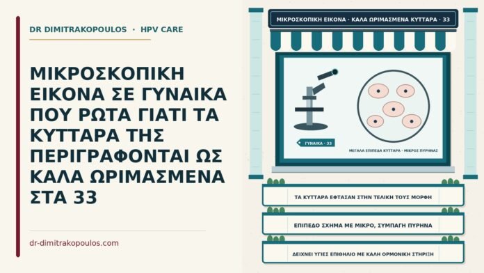 ΜΙΚΡΟΣΚΟΠΙΚΗ ΕΙΚΟΝΑ ΣΕ ΓΥΝΑΙΚΑ ΠΟΥ ΡΩΤΑ ΓΙΑΤΙ ΤΑ ΚΥΤΤΑΡΑ ΤΗΣ ΠΕΡΙΓΡΑΦΟΝΤΑΙ ΩΣ ΚΑΛΑ ΩΡΙΜΑΣΜΕΝΑ ΣΤΑ 33 καλά ωριμασμένα κύτταρα στο επίχρισμα