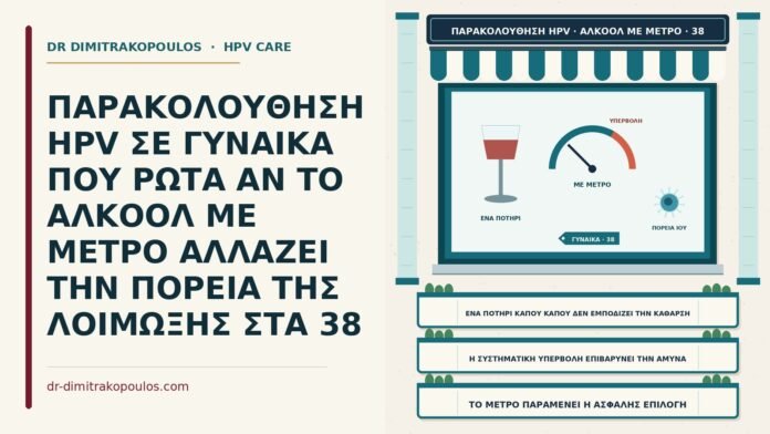 ΠΑΡΑΚΟΛΟΥΘΗΣΗ HPV ΣΕ ΓΥΝΑΙΚΑ ΠΟΥ ΡΩΤΑ ΑΝ ΤΟ ΑΛΚΟΟΛ ΜΕ ΜΕΤΡΟ ΑΛΛΑΖΕΙ ΤΗΝ ΠΟΡΕΙΑ ΤΗΣ ΛΟΙΜΩΞΗΣ ΣΤΑ 38 αλκοόλ με μέτρο και πορεία του HPV
