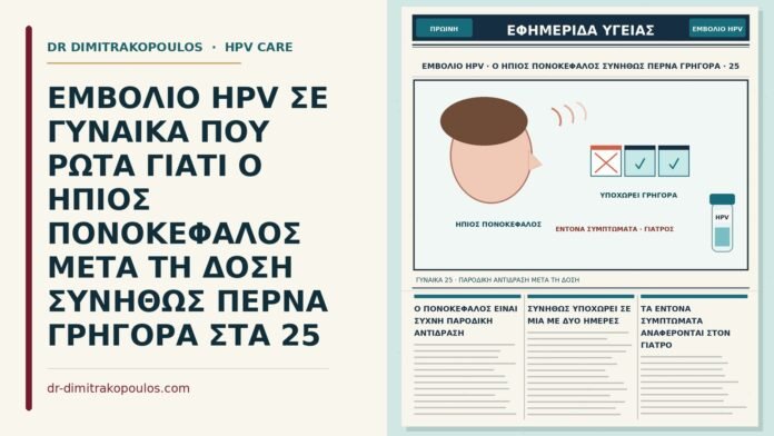 ΕΜΒΟΛΙΟ HPV ΣΕ ΓΥΝΑΙΚΑ ΠΟΥ ΡΩΤΑ ΓΙΑΤΙ Ο ΗΠΙΟΣ ΠΟΝΟΚΕΦΑΛΟΣ ΜΕΤΑ ΤΗ ΔΟΣΗ ΣΥΝΗΘΩΣ ΠΕΡΝΑ ΓΡΗΓΟΡΑ ΣΤΑ 25 ήπιος πονοκέφαλος μετά το εμβόλιο HPV