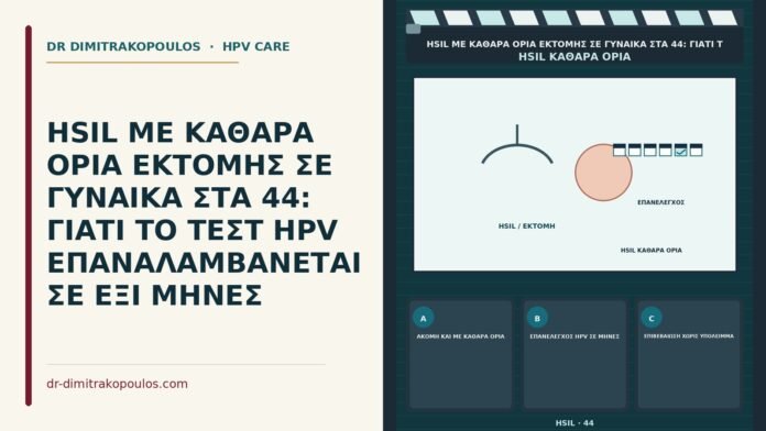 HSIL ΜΕ ΚΑΘΑΡΑ ΟΡΙΑ ΕΚΤΟΜΗΣ ΣΕ ΓΥΝΑΙΚΑ ΣΤΑ 44: ΓΙΑΤΙ ΤΟ ΤΕΣΤ HPV ΕΠΑΝΑΛΑΜΒΑΝΕΤΑΙ ΣΕ ΕΞΙ ΜΗΝΕΣ τέστ HPV στους έξι μήνες μετά καθαρά όρια