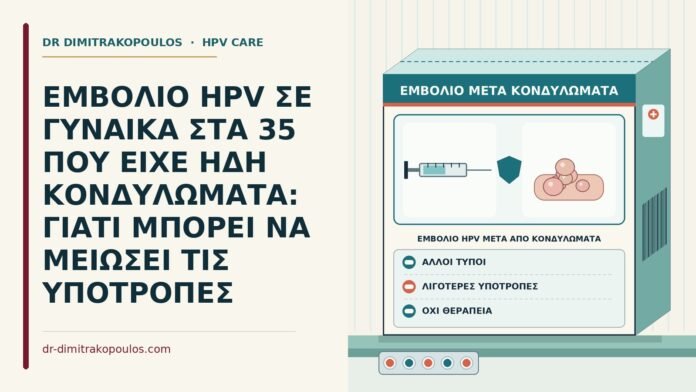 ΕΜΒΟΛΙΟ HPV ΣΕ ΓΥΝΑΙΚΑ ΣΤΑ 35 ΠΟΥ ΕΙΧΕ ΗΔΗ ΚΟΝΔΥΛΩΜΑΤΑ: ΓΙΑΤΙ ΜΠΟΡΕΙ ΝΑ ΜΕΙΩΣΕΙ ΤΙΣ ΥΠΟΤΡΟΠΕΣ εμβόλιο HPV μετά από κονδυλώματα