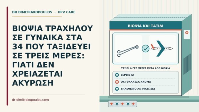 ΒΙΟΨΙΑ ΤΡΑΧΗΛΟΥ ΣΕ ΓΥΝΑΙΚΑ ΣΤΑ 34 ΠΟΥ ΤΑΞΙΔΕΥΕΙ ΣΕ ΤΡΕΙΣ ΜΕΡΕΣ: ΓΙΑΤΙ ΔΕΝ ΧΡΕΙΑΖΕΤΑΙ ΑΚΥΡΩΣΗ ταξίδι λίγες μέρες μετά από βιοψία