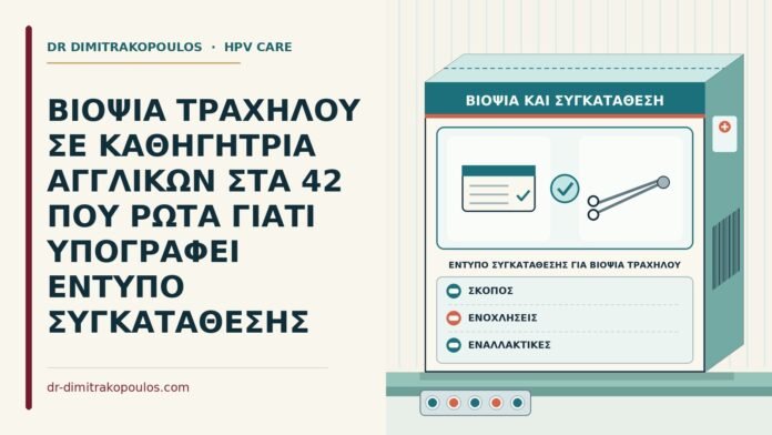 ΒΙΟΨΙΑ ΤΡΑΧΗΛΟΥ ΣΕ ΚΑΘΗΓΗΤΡΙΑ ΑΓΓΛΙΚΩΝ ΣΤΑ 42 ΠΟΥ ΡΩΤΑ ΓΙΑΤΙ ΥΠΟΓΡΑΦΕΙ ΕΝΤΥΠΟ ΣΥΓΚΑΤΑΘΕΣΗΣ έντυπο συγκατάθεσης για βιοψία τραχήλου