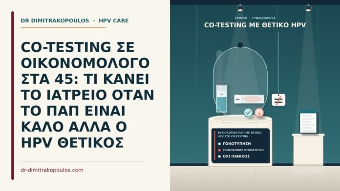 CO-TESTING ΣΕ ΟΙΚΟΝΟΜΟΛΟΓΟ ΣΤΑ 45: ΤΙ ΚΑΝΕΙ ΤΟ ΙΑΤΡΕΙΟ ΟΤΑΝ ΤΟ ΠΑΠ ΕΙΝΑΙ ΚΑΛΟ ΑΛΛΑ Ο HPV ΘΕΤΙΚΟΣ φυσιολογικό Παπ με θετικό HPV στο co-testing