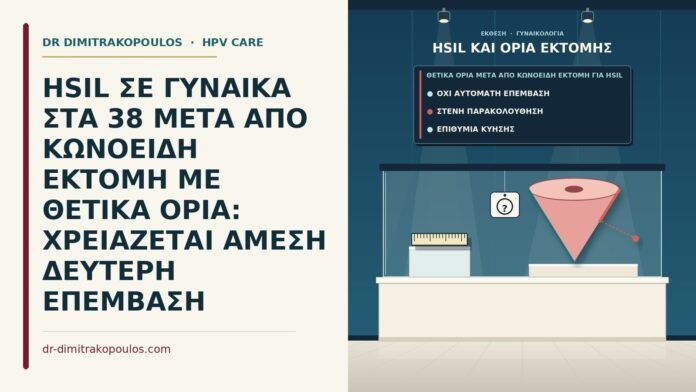 HSIL ΣΕ ΓΥΝΑΙΚΑ ΣΤΑ 38 ΜΕΤΑ ΑΠΟ ΚΩΝΟΕΙΔΗ ΕΚΤΟΜΗ ΜΕ ΘΕΤΙΚΑ ΟΡΙΑ: ΧΡΕΙΑΖΕΤΑΙ ΑΜΕΣΗ ΔΕΥΤΕΡΗ ΕΠΕΜΒΑΣΗ θετικά όρια μετά από κωνοειδή εκτομή για HSIL
