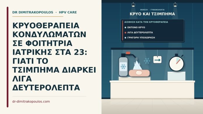 ΚΡΥΟΘΕΡΑΠΕΙΑ ΚΟΝΔΥΛΩΜΑΤΩΝ ΣΕ ΦΟΙΤΗΤΡΙΑ ΙΑΤΡΙΚΗΣ ΣΤΑ 23: ΓΙΑΤΙ ΤΟ ΤΣΙΜΠΗΜΑ ΔΙΑΡΚΕΙ ΛΙΓΑ ΔΕΥΤΕΡΟΛΕΠΤΑ αίσθηση κατά την κρυοθεραπεία