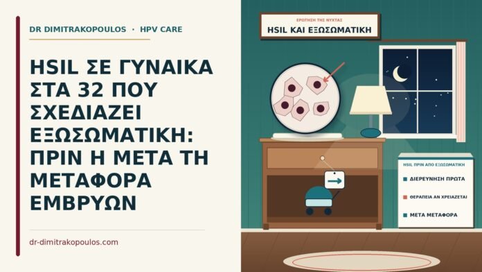 HSIL ΣΕ ΓΥΝΑΙΚΑ ΣΤΑ 32 ΠΟΥ ΣΧΕΔΙΑΖΕΙ ΕΞΩΣΩΜΑΤΙΚΗ: ΠΡΙΝ Η ΜΕΤΑ ΤΗ ΜΕΤΑΦΟΡΑ ΕΜΒΡΥΩΝ HSIL πριν από εξωσωματική
