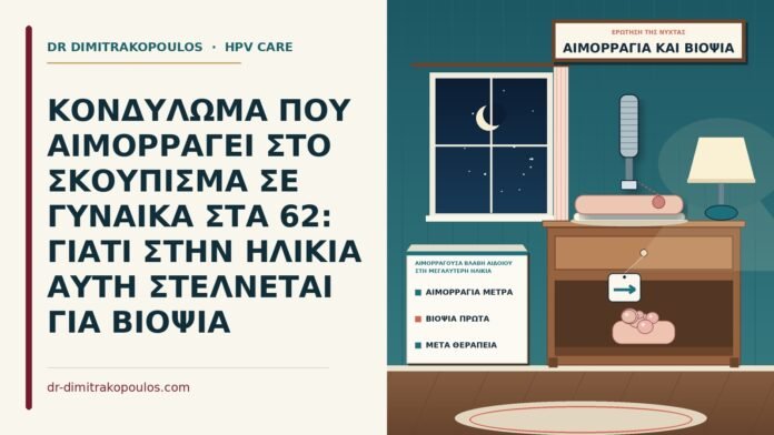 ΚΟΝΔΥΛΩΜΑ ΠΟΥ ΑΙΜΟΡΡΑΓΕΙ ΣΤΟ ΣΚΟΥΠΙΣΜΑ ΣΕ ΓΥΝΑΙΚΑ ΣΤΑ 62: ΓΙΑΤΙ ΣΤΗΝ ΗΛΙΚΙΑ ΑΥΤΗ ΣΤΕΛΝΕΤΑΙ ΓΙΑ ΒΙΟΨΙΑ αιμορραγούσα βλάβη αιδοίου στη μεγαλύτερη ηλικία