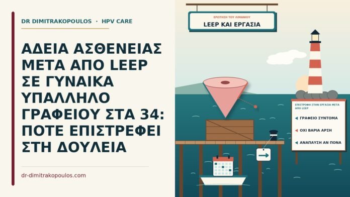ΑΔΕΙΑ ΑΣΘΕΝΕΙΑΣ ΜΕΤΑ ΑΠΟ LEEP ΣΕ ΓΥΝΑΙΚΑ ΥΠΑΛΛΗΛΟ ΓΡΑΦΕΙΟΥ ΣΤΑ 34: ΠΟΤΕ ΕΠΙΣΤΡΕΦΕΙ ΣΤΗ ΔΟΥΛΕΙΑ επιστροφή στην εργασία μετά από LEEP