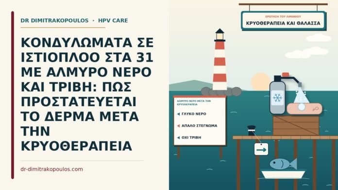 ΚΟΝΔΥΛΩΜΑΤΑ ΣΕ ΙΣΤΙΟΠΛΟΟ ΣΤΑ 31 ΜΕ ΑΛΜΥΡΟ ΝΕΡΟ ΚΑΙ ΤΡΙΒΗ: ΠΩΣ ΠΡΟΣΤΑΤΕΥΕΤΑΙ ΤΟ ΔΕΡΜΑ ΜΕΤΑ ΤΗΝ ΚΡΥΟΘΕΡΑΠΕΙΑ αλμυρό νερό μετά την κρυοθεραπεία