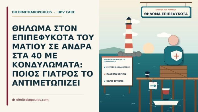 ΘΗΛΩΜΑ ΣΤΟΝ ΕΠΙΠΕΦΥΚΟΤΑ ΤΟΥ ΜΑΤΙΟΥ ΣΕ ΑΝΔΡΑ ΣΤΑ 40 ΜΕ ΚΟΝΔΥΛΩΜΑΤΑ: ΠΟΙΟΣ ΓΙΑΤΡΟΣ ΤΟ ΑΝΤΙΜΕΤΩΠΙΖΕΙ θήλωμα επιπεφυκότα και κονδυλώματα