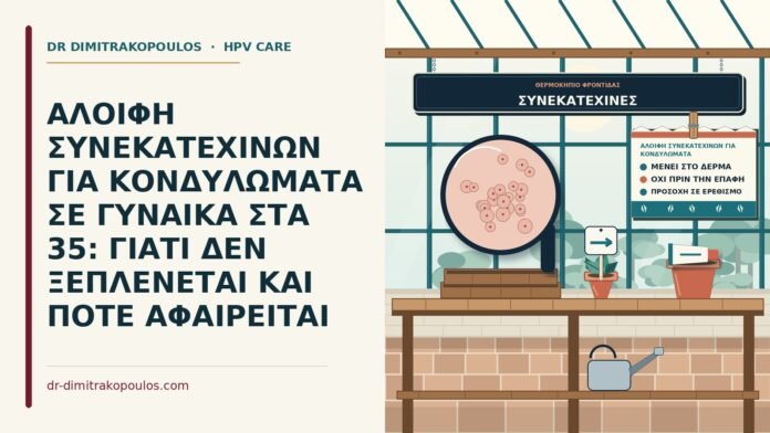 ΑΛΟΙΦΗ ΣΥΝΕΚΑΤΕΧΙΝΩΝ ΓΙΑ ΚΟΝΔΥΛΩΜΑΤΑ ΣΕ ΓΥΝΑΙΚΑ ΣΤΑ 35: ΓΙΑΤΙ ΔΕΝ ΞΕΠΛΕΝΕΤΑΙ ΚΑΙ ΠΟΤΕ ΑΦΑΙΡΕΙΤΑΙ αλοιφή συνεκατεχινών για κονδυλώματα
