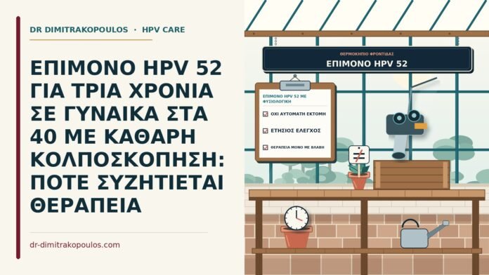 ΕΠΙΜΟΝΟ HPV 52 ΓΙΑ ΤΡΙΑ ΧΡΟΝΙΑ ΣΕ ΓΥΝΑΙΚΑ ΣΤΑ 40 ΜΕ ΚΑΘΑΡΗ ΚΟΛΠΟΣΚΟΠΗΣΗ: ΠΟΤΕ ΣΥΖΗΤΙΕΤΑΙ ΘΕΡΑΠΕΙΑ επίμονο HPV 52 με φυσιολογική κολποσκόπηση