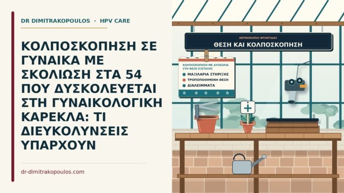 ΚΟΛΠΟΣΚΟΠΗΣΗ ΣΕ ΓΥΝΑΙΚΑ ΜΕ ΣΚΟΛΙΩΣΗ ΣΤΑ 54 ΠΟΥ ΔΥΣΚΟΛΕΥΕΤΑΙ ΣΤΗ ΓΥΝΑΙΚΟΛΟΓΙΚΗ ΚΑΡΕΚΛΑ: ΤΙ ΔΙΕΥΚΟΛΥΝΣΕΙΣ ΥΠΑΡΧΟΥΝ κολποσκόπηση με δυσκολία στη θέση εξέτασης