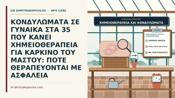 ΚΟΝΔΥΛΩΜΑΤΑ ΣΕ ΓΥΝΑΙΚΑ ΣΤΑ 35 ΠΟΥ ΚΑΝΕΙ ΧΗΜΕΙΟΘΕΡΑΠΕΙΑ ΓΙΑ ΚΑΡΚΙΝΟ ΤΟΥ ΜΑΣΤΟΥ: ΠΟΤΕ ΘΕΡΑΠΕΥΟΝΤΑΙ ΜΕ ΑΣΦΑΛΕΙΑ κονδυλώματα κατά τη χημειοθεραπεία