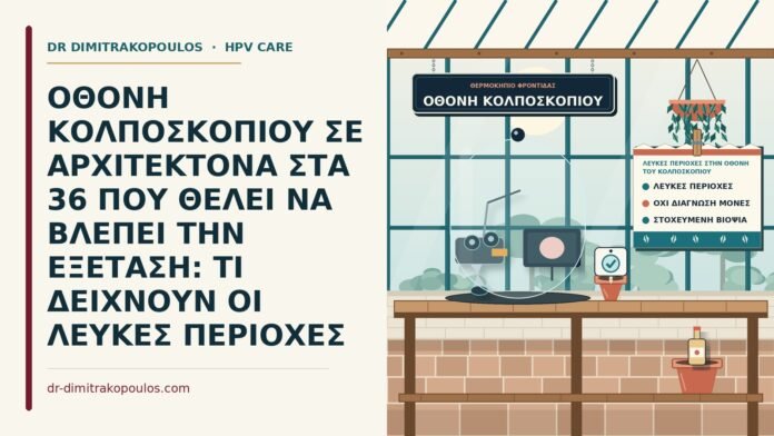 ΟΘΟΝΗ ΚΟΛΠΟΣΚΟΠΙΟΥ ΣΕ ΑΡΧΙΤΕΚΤΟΝΑ ΣΤΑ 36 ΠΟΥ ΘΕΛΕΙ ΝΑ ΒΛΕΠΕΙ ΤΗΝ ΕΞΕΤΑΣΗ: ΤΙ ΔΕΙΧΝΟΥΝ ΟΙ ΛΕΥΚΕΣ ΠΕΡΙΟΧΕΣ λευκές περιοχές στην οθόνη του κολποσκοπίου