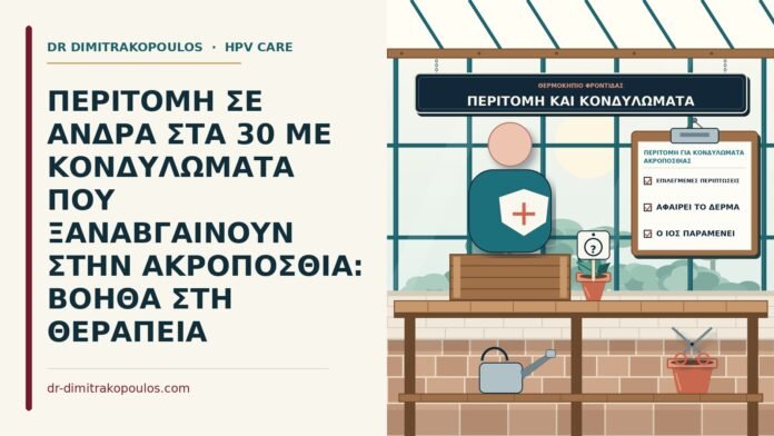 ΠΕΡΙΤΟΜΗ ΣΕ ΑΝΔΡΑ ΣΤΑ 30 ΜΕ ΚΟΝΔΥΛΩΜΑΤΑ ΠΟΥ ΞΑΝΑΒΓΑΙΝΟΥΝ ΣΤΗΝ ΑΚΡΟΠΟΣΘΙΑ: ΒΟΗΘΑ ΣΤΗ ΘΕΡΑΠΕΙΑ περιτομή για κονδυλώματα ακροποσθίας