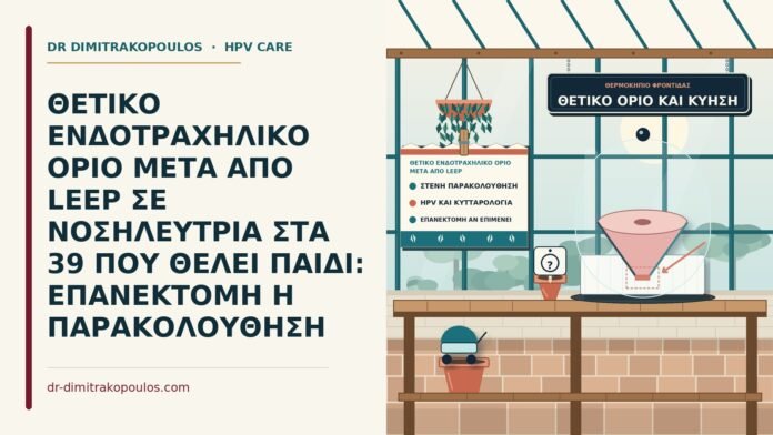ΘΕΤΙΚΟ ΕΝΔΟΤΡΑΧΗΛΙΚΟ ΟΡΙΟ ΜΕΤΑ ΑΠΟ LEEP ΣΕ ΝΟΣΗΛΕΥΤΡΙΑ ΣΤΑ 39 ΠΟΥ ΘΕΛΕΙ ΠΑΙΔΙ: ΕΠΑΝΕΚΤΟΜΗ Η ΠΑΡΑΚΟΛΟΥΘΗΣΗ θετικό ενδοτραχηλικό όριο μετά από LEEP
