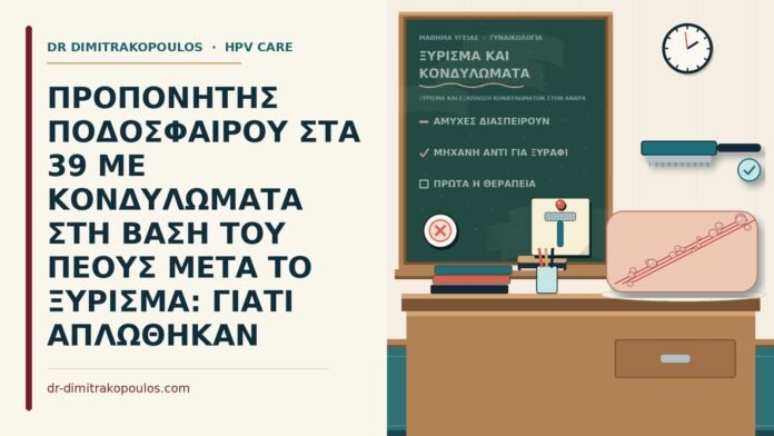 ΠΡΟΠΟΝΗΤΗΣ ΠΟΔΟΣΦΑΙΡΟΥ ΣΤΑ 39 ΜΕ ΚΟΝΔΥΛΩΜΑΤΑ ΣΤΗ ΒΑΣΗ ΤΟΥ ΠΕΟΥΣ ΜΕΤΑ ΤΟ ΞΥΡΙΣΜΑ: ΓΙΑΤΙ ΑΠΛΩΘΗΚΑΝ ξύρισμα και εξάπλωση κονδυλωμάτων στον άνδρα