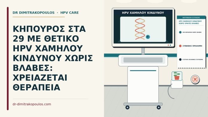 ΚΗΠΟΥΡΟΣ ΣΤΑ 29 ΜΕ ΘΕΤΙΚΟ HPV ΧΑΜΗΛΟΥ ΚΙΝΔΥΝΟΥ ΧΩΡΙΣ ΒΛΑΒΕΣ: ΧΡΕΙΑΖΕΤΑΙ ΘΕΡΑΠΕΙΑ HPV χαμηλού κινδύνου χωρίς ορατές βλάβες