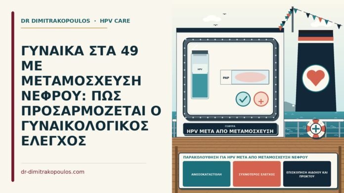 ΓΥΝΑΙΚΑ ΣΤΑ 49 ΜΕ ΜΕΤΑΜΟΣΧΕΥΣΗ ΝΕΦΡΟΥ: ΠΩΣ ΠΡΟΣΑΡΜΟΖΕΤΑΙ Ο ΓΥΝΑΙΚΟΛΟΓΙΚΟΣ ΕΛΕΓΧΟΣ παρακολούθηση για HPV μετά από μεταμόσχευση νεφρού