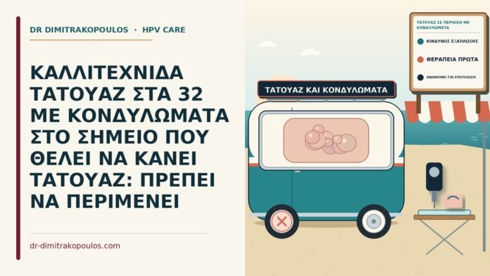 ΚΑΛΛΙΤΕΧΝΙΔΑ ΤΑΤΟΥΑΖ ΣΤΑ 32 ΜΕ ΚΟΝΔΥΛΩΜΑΤΑ ΣΤΟ ΣΗΜΕΙΟ ΠΟΥ ΘΕΛΕΙ ΝΑ ΚΑΝΕΙ ΤΑΤΟΥΑΖ: ΠΡΕΠΕΙ ΝΑ ΠΕΡΙΜΕΝΕΙ τατουάζ σε περιοχή με κονδυλώματα