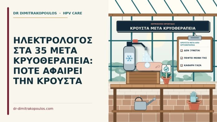 ΗΛΕΚΤΡΟΛΟΓΟΣ ΣΤΑ 35 ΜΕΤΑ ΚΡΥΟΘΕΡΑΠΕΙΑ: ΠΟΤΕ ΑΦΑΙΡΕΙ ΤΗΝ ΚΡΟΥΣΤΑ κρούστα μετά από κρυοθεραπεία κονδυλωμάτων