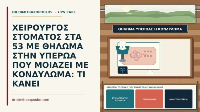 ΧΕΙΡΟΥΡΓΟΣ ΣΤΟΜΑΤΟΣ ΣΤΑ 53 ΜΕ ΘΗΛΩΜΑ ΣΤΗΝ ΥΠΕΡΩΑ ΠΟΥ ΜΟΙΑΖΕΙ ΜΕ ΚΟΝΔΥΛΩΜΑ: ΤΙ ΚΑΝΕΙ θήλωμα υπερώας που μοιάζει με κονδύλωμα