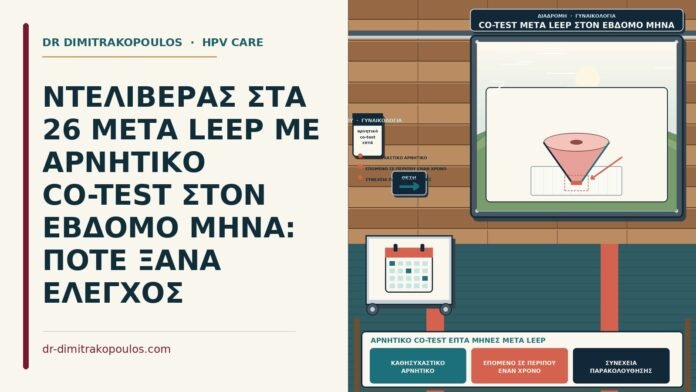 ΝΤΕΛΙΒΕΡΑΣ ΣΤΑ 26 ΜΕΤΑ LEEP ΜΕ ΑΡΝΗΤΙΚΟ CO-TEST ΣΤΟΝ ΕΒΔΟΜΟ ΜΗΝΑ: ΠΟΤΕ ΞΑΝΑ ΕΛΕΓΧΟΣ αρνητικό co-test επτά μήνες μετά LEEP