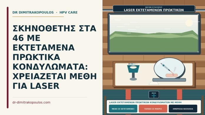 ΣΚΗΝΟΘΕΤΗΣ ΣΤΑ 46 ΜΕ ΕΚΤΕΤΑΜΕΝΑ ΠΡΩΚΤΙΚΑ ΚΟΝΔΥΛΩΜΑΤΑ: ΧΡΕΙΑΖΕΤΑΙ ΜΕΘΗ ΓΙΑ LASER laser εκτεταμένων πρωκτικών κονδυλωμάτων με μέθη