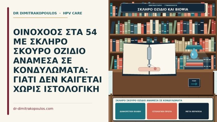 ΟΙΝΟΧΟΟΣ ΣΤΑ 54 ΜΕ ΣΚΛΗΡΟ ΣΚΟΥΡΟ ΟΖΙΔΙΟ ΑΝΑΜΕΣΑ ΣΕ ΚΟΝΔΥΛΩΜΑΤΑ: ΓΙΑΤΙ ΔΕΝ ΚΑΙΓΕΤΑΙ ΧΩΡΙΣ ΙΣΤΟΛΟΓΙΚΗ σκληρό σκούρο οζίδιο ανάμεσα σε κονδυλώματα