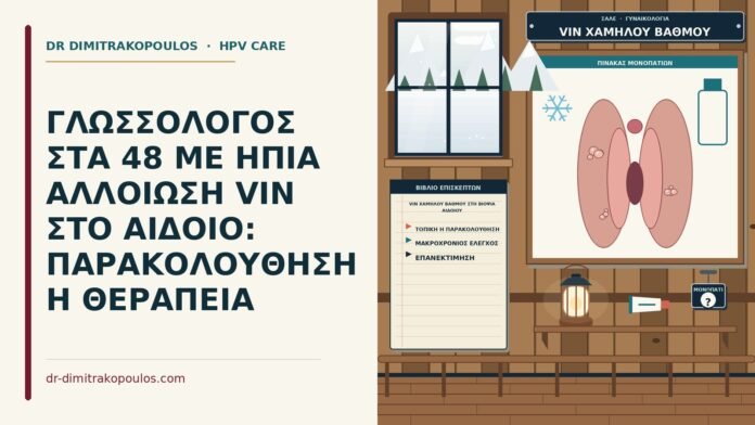 ΓΛΩΣΣΟΛΟΓΟΣ ΣΤΑ 48 ΜΕ ΗΠΙΑ ΑΛΛΟΙΩΣΗ VIN ΣΤΟ ΑΙΔΟΙΟ: ΠΑΡΑΚΟΛΟΥΘΗΣΗ Η ΘΕΡΑΠΕΙΑ VIN χαμηλού βαθμού στη βιοψία αιδοίου