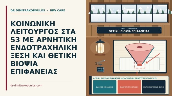 ΚΟΙΝΩΝΙΚΗ ΛΕΙΤΟΥΡΓΟΣ ΣΤΑ 53 ΜΕ ΑΡΝΗΤΙΚΗ ΕΝΔΟΤΡΑΧΗΛΙΚΗ ΞΕΣΗ ΚΑΙ ΘΕΤΙΚΗ ΒΙΟΨΙΑ ΕΠΙΦΑΝΕΙΑΣ θετική βιοψία επιφάνειας με αρνητική ενδοτραχηλική ξέση