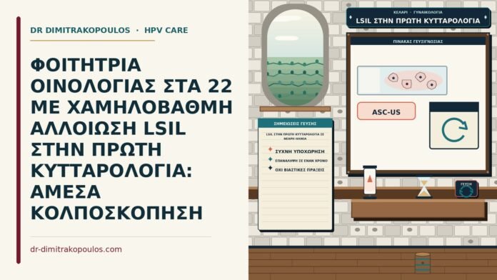 ΦΟΙΤΗΤΡΙΑ ΟΙΝΟΛΟΓΙΑΣ ΣΤΑ 22 ΜΕ ΧΑΜΗΛΟΒΑΘΜΗ ΑΛΛΟΙΩΣΗ LSIL ΣΤΗΝ ΠΡΩΤΗ ΚΥΤΤΑΡΟΛΟΓΙΑ: ΑΜΕΣΑ ΚΟΛΠΟΣΚΟΠΗΣΗ LSIL στην πρώτη κυτταρολογία σε νεαρή ηλικία