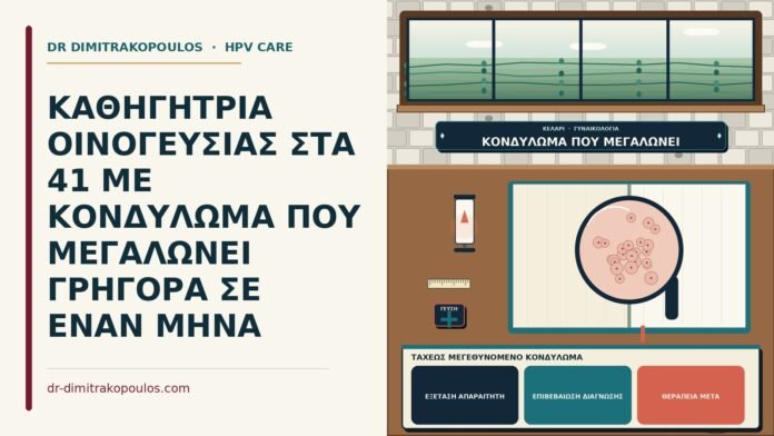 ΚΑΘΗΓΗΤΡΙΑ ΟΙΝΟΓΕΥΣΙΑΣ ΣΤΑ 41 ΜΕ ΚΟΝΔΥΛΩΜΑ ΠΟΥ ΜΕΓΑΛΩΝΕΙ ΓΡΗΓΟΡΑ ΣΕ ΕΝΑΝ ΜΗΝΑ ταχέως μεγεθυνόμενο κονδύλωμα