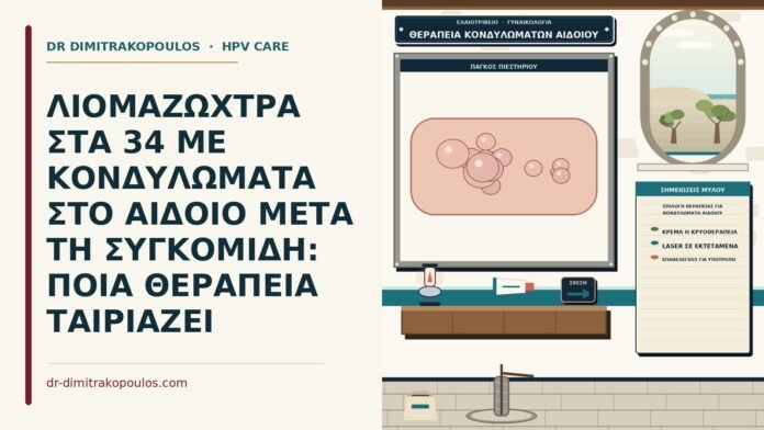 ΛΙΟΜΑΖΩΧΤΡΑ ΣΤΑ 34 ΜΕ ΚΟΝΔΥΛΩΜΑΤΑ ΣΤΟ ΑΙΔΟΙΟ ΜΕΤΑ ΤΗ ΣΥΓΚΟΜΙΔΗ: ΠΟΙΑ ΘΕΡΑΠΕΙΑ ΤΑΙΡΙΑΖΕΙ επιλογή θεραπείας για κονδυλώματα αιδοίου