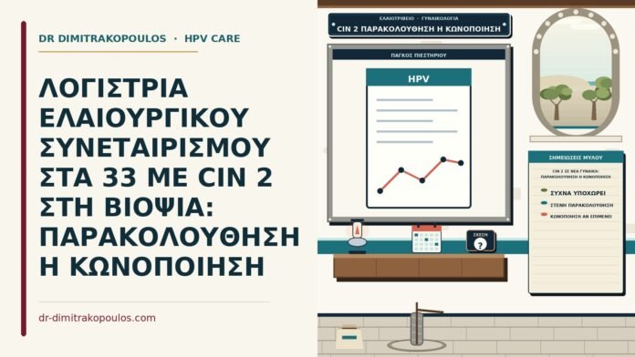 ΛΟΓΙΣΤΡΙΑ ΕΛΑΙΟΥΡΓΙΚΟΥ ΣΥΝΕΤΑΙΡΙΣΜΟΥ ΣΤΑ 33 ΜΕ CIN 2 ΣΤΗ ΒΙΟΨΙΑ: ΠΑΡΑΚΟΛΟΥΘΗΣΗ Η ΚΩΝΟΠΟΙΗΣΗ CIN 2 σε νέα γυναίκα: παρακολούθηση ή κωνοποίηση