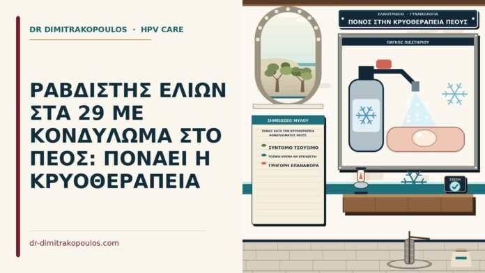 ΡΑΒΔΙΣΤΗΣ ΕΛΙΩΝ ΣΤΑ 29 ΜΕ ΚΟΝΔΥΛΩΜΑ ΣΤΟ ΠΕΟΣ: ΠΟΝΑΕΙ Η ΚΡΥΟΘΕΡΑΠΕΙΑ πόνος κατά την κρυοθεραπεία κονδυλώματος πέους