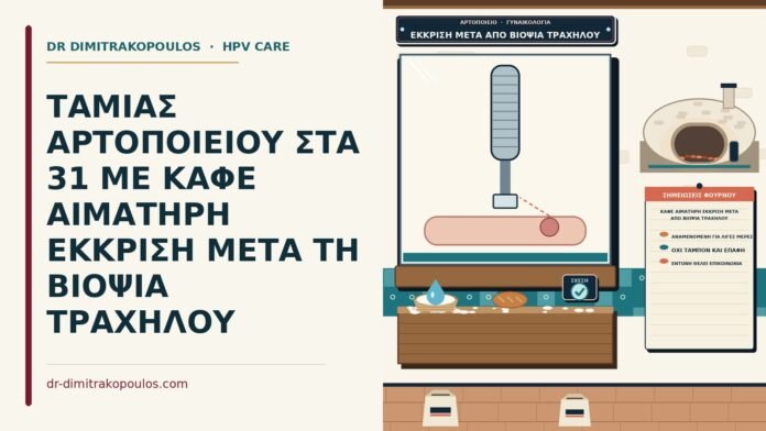 ΤΑΜΙΑΣ ΑΡΤΟΠΟΙΕΙΟΥ ΣΤΑ 31 ΜΕ ΚΑΦΕ ΑΙΜΑΤΗΡΗ ΕΚΚΡΙΣΗ ΜΕΤΑ ΤΗ ΒΙΟΨΙΑ ΤΡΑΧΗΛΟΥ καφέ αιματηρή έκκριση μετά από βιοψία τραχήλου
