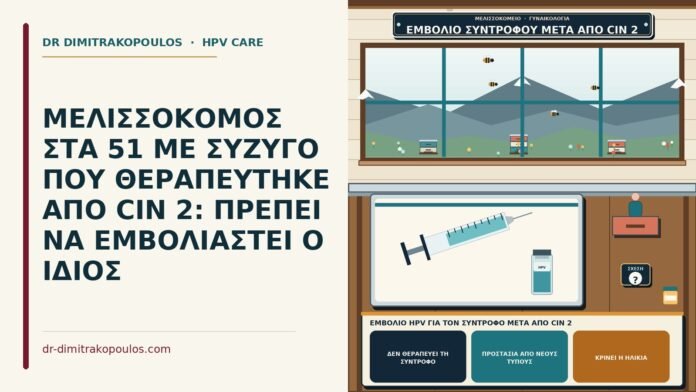 ΜΕΛΙΣΣΟΚΟΜΟΣ ΣΤΑ 51 ΜΕ ΣΥΖΥΓΟ ΠΟΥ ΘΕΡΑΠΕΥΤΗΚΕ ΑΠΟ CIN 2: ΠΡΕΠΕΙ ΝΑ ΕΜΒΟΛΙΑΣΤΕΙ Ο ΙΔΙΟΣ εμβόλιο HPV για τον σύντροφο μετά από CIN 2