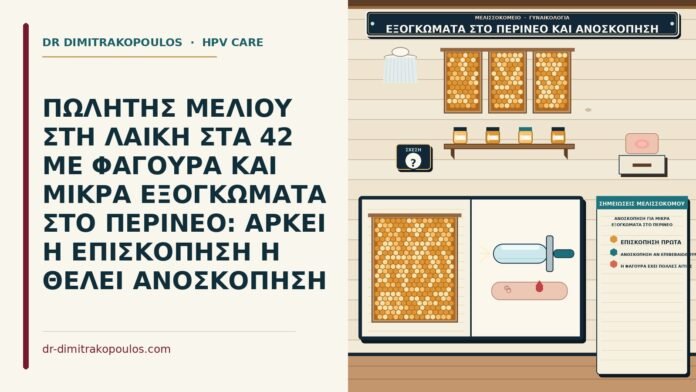 ΠΩΛΗΤΗΣ ΜΕΛΙΟΥ ΣΤΗ ΛΑΙΚΗ ΣΤΑ 42 ΜΕ ΦΑΓΟΥΡΑ ΚΑΙ ΜΙΚΡΑ ΕΞΟΓΚΩΜΑΤΑ ΣΤΟ ΠΕΡΙΝΕΟ: ΑΡΚΕΙ Η ΕΠΙΣΚΟΠΗΣΗ Η ΘΕΛΕΙ ΑΝΟΣΚΟΠΗΣΗ ανοσκόπηση για μικρά εξογκώματα στο περίνεο