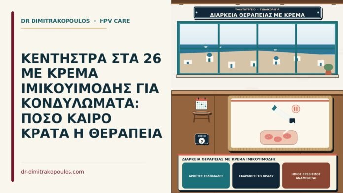 ΚΕΝΤΗΣΤΡΑ ΣΤΑ 26 ΜΕ ΚΡΕΜΑ ΙΜΙΚΟΥΙΜΟΔΗΣ ΓΙΑ ΚΟΝΔΥΛΩΜΑΤΑ: ΠΟΣΟ ΚΑΙΡΟ ΚΡΑΤΑ Η ΘΕΡΑΠΕΙΑ διάρκεια θεραπείας με κρέμα ιμικουιμόδης