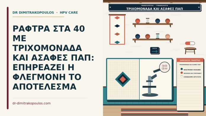ΡΑΦΤΡΑ ΣΤΑ 40 ΜΕ ΤΡΙΧΟΜΟΝΑΔΑ ΚΑΙ ΑΣΑΦΕΣ ΠΑΠ: ΕΠΗΡΕΑΖΕΙ Η ΦΛΕΓΜΟΝΗ ΤΟ ΑΠΟΤΕΛΕΣΜΑ τριχομονάδα και ασαφές Παπ