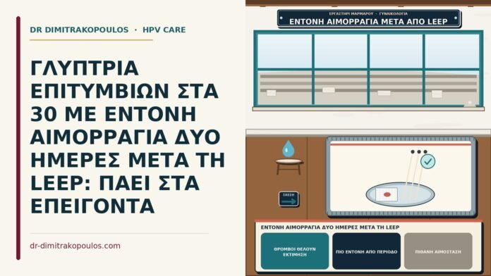 ΓΛΥΠΤΡΙΑ ΕΠΙΤΥΜΒΙΩΝ ΣΤΑ 30 ΜΕ ΕΝΤΟΝΗ ΑΙΜΟΡΡΑΓΙΑ ΔΥΟ ΗΜΕΡΕΣ ΜΕΤΑ ΤΗ LEEP: ΠΑΕΙ ΣΤΑ ΕΠΕΙΓΟΝΤΑ έντονη αιμορραγία δύο ημέρες μετά τη LEEP