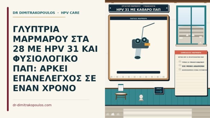 ΓΛΥΠΤΡΙΑ ΜΑΡΜΑΡΟΥ ΣΤΑ 28 ΜΕ HPV 31 ΚΑΙ ΦΥΣΙΟΛΟΓΙΚΟ ΠΑΠ: ΑΡΚΕΙ ΕΠΑΝΕΛΕΓΧΟΣ ΣΕ ΕΝΑΝ ΧΡΟΝΟ θετικό HPV 31 με φυσιολογικό Παπ