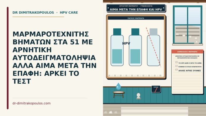 ΜΑΡΜΑΡΟΤΕΧΝΙΤΗΣ ΒΗΜΑΤΩΝ ΣΤΑ 51 ΜΕ ΑΡΝΗΤΙΚΗ ΑΥΤΟΔΕΙΓΜΑΤΟΛΗΨΙΑ ΑΛΛΑ ΑΙΜΑ ΜΕΤΑ ΤΗΝ ΕΠΑΦΗ: ΑΡΚΕΙ ΤΟ ΤΕΣΤ αρνητική αυτοδειγματοληψία με μετααιμορραγική κηλίδωση